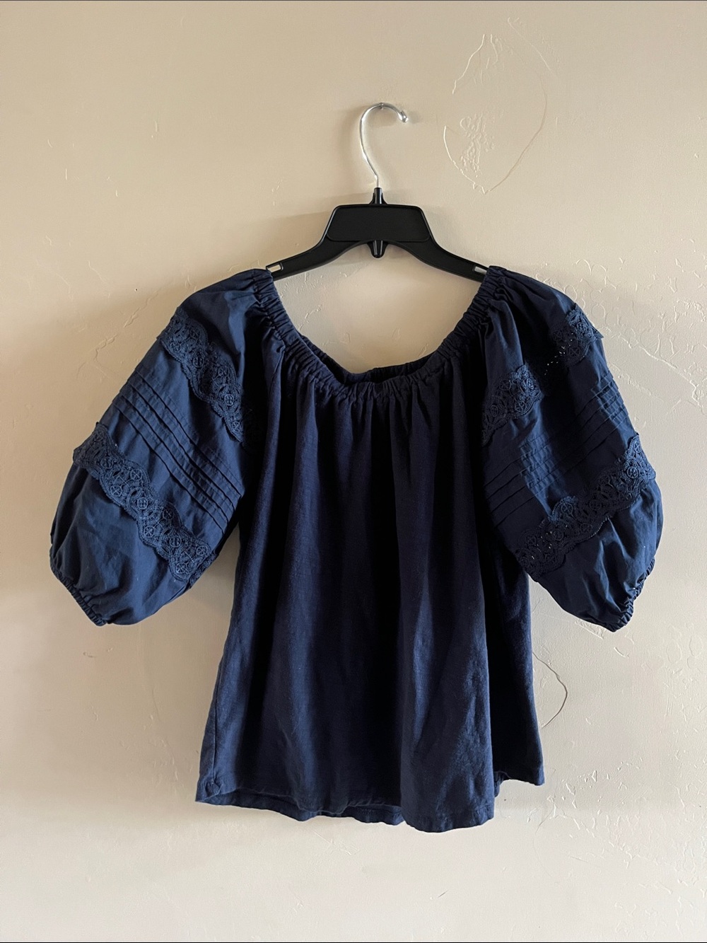 Navy Off-Shoulder Puff Sleeve Blouse